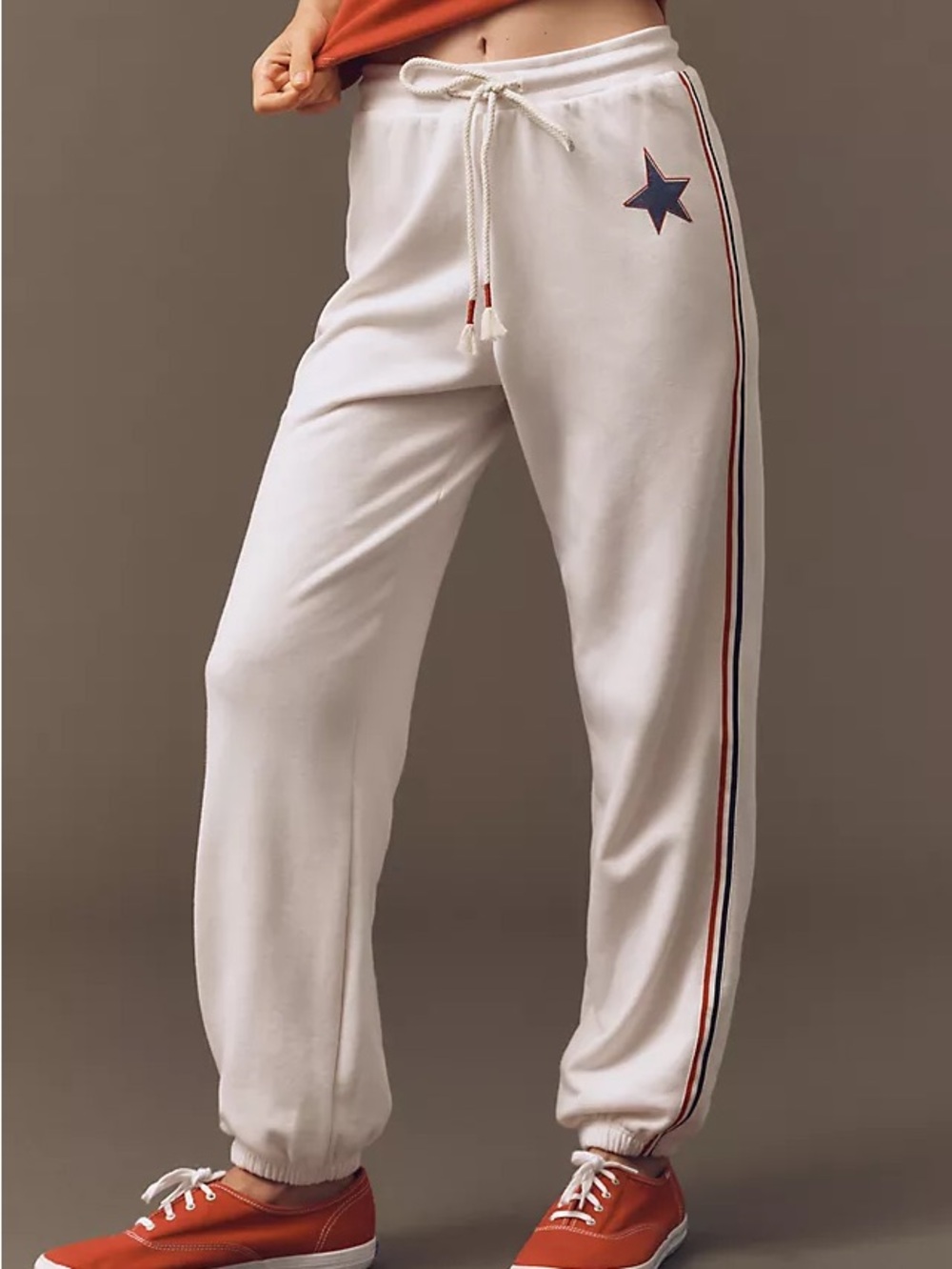 🤍Sundry🤍 White Joggers with Navy Star & Red-Trim Side Stripes. Size L